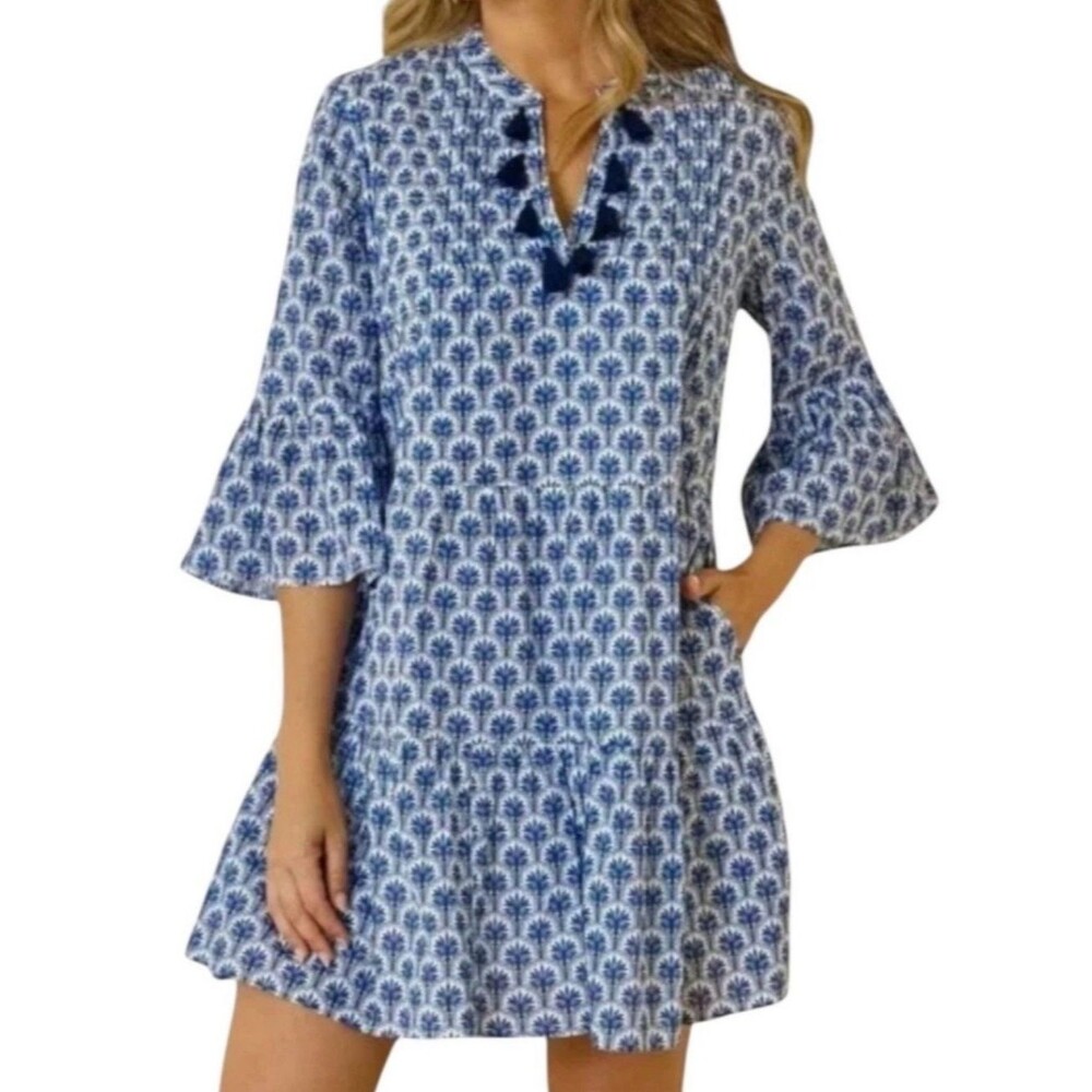 Tommy Bahama Blue White Medallion Print Tassel Mini Shift Dress XS Resort